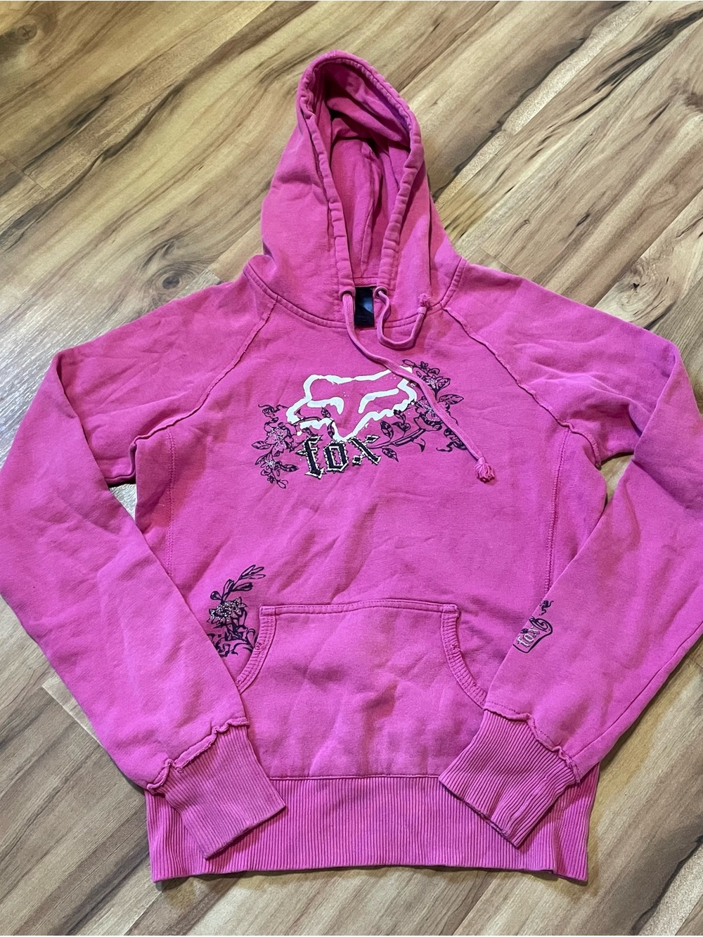 Y2K Fox Racing Uptown Pink Pullover Hoodie Floral Graphic Motocross Grunge